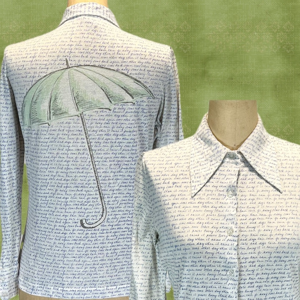 VINTAGE umbrella rain disco dagger collar button down shirt graphic writing 70s